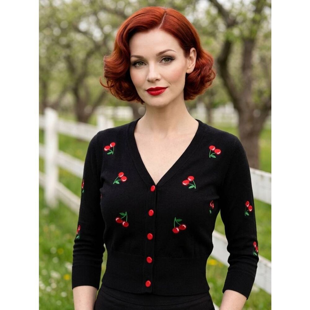 🔥Black Cherry Print Vneck Cropped 3/4 Sleeve Sweater XLarge